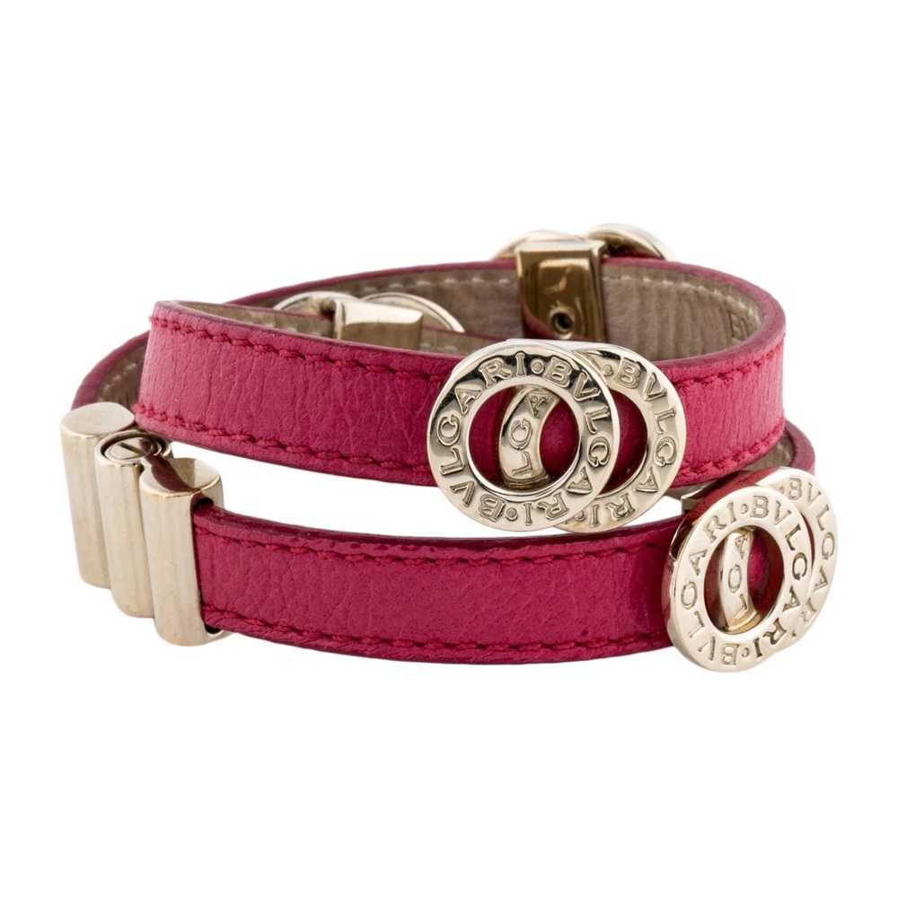 Bvlgari B.zero Red Leather Coil Double Wrap Bracelet with Silver Tone Logo Discs
